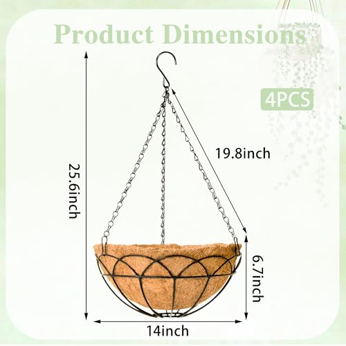 EIMQUVW 4-Pack Outdoor Metal Hanging Baskets 14 Inches Black Round Flower Pot with Coconut Fiber Lining Decorative Wire Hanging Planter Suitable for Patios Gardens and Walls - size: 14 Inch, style: Lotus