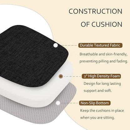 ELFJOY Non-Slip Chair Cushions for Dining Chairs Black 16.7"x16" | 4 Pack, with Ties and Washable Cover, U Shape, Breathable Fabric, for Kitchen Dining Office Folding Chairs，Comfortable - color: Black