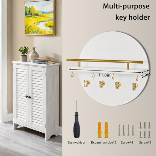 Key Holder Wall Mount with Shelf and Hooks, 11.8 Inch Entryway Gold Key Holder for Wall Decor (White&Gold)
