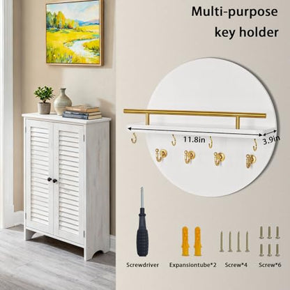 Key Holder Wall Mount with Shelf and Hooks, 11.8 Inch Entryway Gold Key Holder for Wall Decor (White&Gold)
