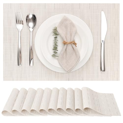 Myir JUN Placemats Set of 10 Kitchen and Dining Table Placemats | Vinyl Placemats Place Mats Indoor/Outdoor Set of 10 Washable Table Mats Non-Slip Place mats for Dining Table, Off White - color: B-off White, size: Set of 10