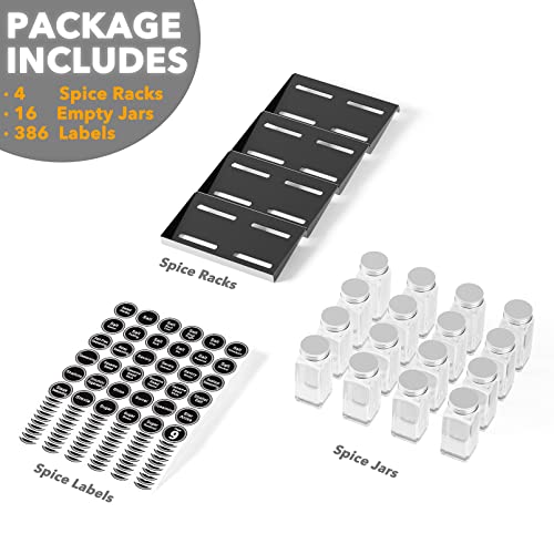 SpaceAid Spice Drawer Organizer with 16 Spice Jars, 386 Spice Labels, 4 Tier Seasoning Rack Tray Insert for Kitchen Drawers, 7.5" Wide x 17.5" Deep - size: 16 Jars, 7.5" Wide