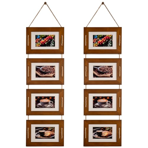 DLQuarts 5x7 Hanging Collage Picture Frames Wall Decor, 4-Opening 5x7 Matted to 3.5x5 Photo Rustic Wood Frame with Hemp Rope, 2 Pack, Dark Walnut - color: Dark Walnut, size: 5x7-2 Pack