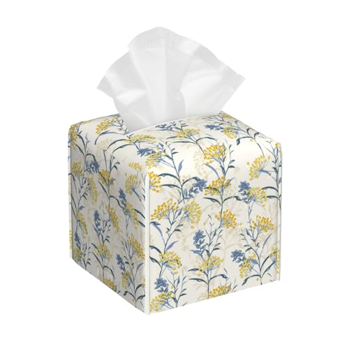 Yellow Berries and Leaves Tissue Box Cover Square, Autumn Floral Tissue Box Holder with Bottom Belt Leather Facial Paper Organizer Dispenser for Bathroom Bedroom Dresser Night Stand Tabletop - color: Yellow Berries and Leaves
