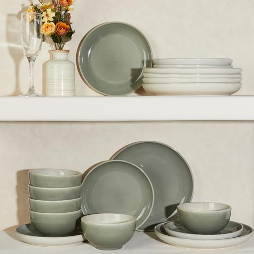 Stoneware Dinnerware Sets, Ceramic Plates and Bowls Set, Microwave & Dishwasher Safe Kitchen Dish Set, Modern Dinner Salad Plates | Cereal Bowls for 4, Dishware Sets Gray Green - color: Gray Green, size: Set (12pcs)