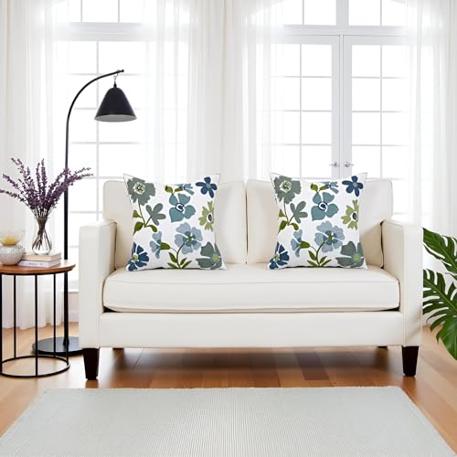 Embroidered Throw Pillow Covers 18x18 inch Pack of 2 Blue Blossoms | Durable Fabric,Square Pillow Cover,Boho Decorative,Hidden Zipper,Aesthetic Design,Ideal Gift,Machine Washable - color: Blue Blossoms