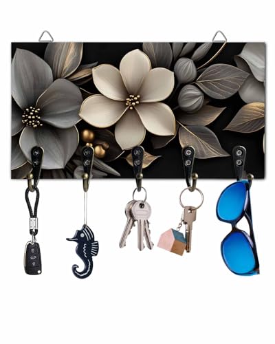 Key Holder for Wall Gold Flowers Decorative Hanging Key Rack Wall Mount with 5 Hooks Gorgeous Art Organizer Wall Decor for Entryway Front Door Kitchen 9.4x5in