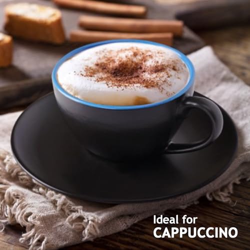 MIAMIO - Set of 6, Ceramic Stackable Cappuccino Cups Set / 6 Ounce Cappuccino Mugs and Saucer with Metal Stand for Coffee Drinks, Cafe, Latte, Americano and Tea - Le Papillon Collection (Mixed) - color: Mixed