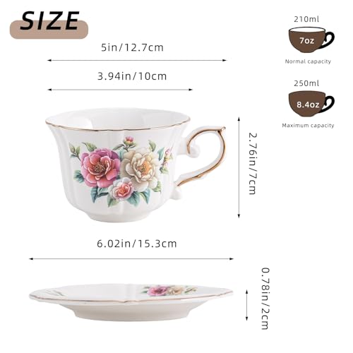 Ceramic Floral Cups with Saucers，7 oz Espresso Cups for Latte Coffee Cafe, Cappuccino and Tea (1, Camellia) - color: Camellia