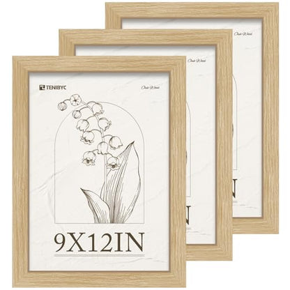 9x12 Frame Set of 3 - Natural Oak, 9 x 12 Wood Picture Frame, HD Tempered Glass, Table or Wall Display - color: Oak, size: 9 X 12, style: 3 Pack