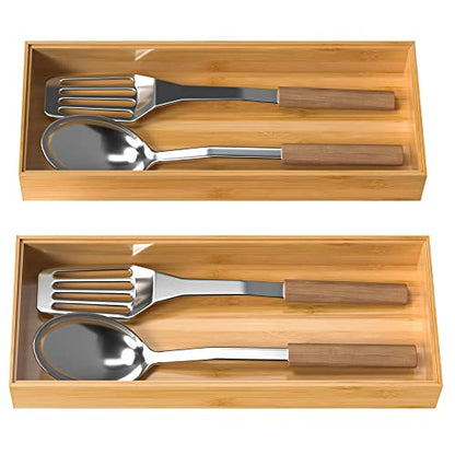 VeyFey Bamboo Drawer Organizer, Stackable Utensil Organizer for Kitchen, Bamboo Storage Box Wood Silverware Tray for Drawer 15" x 6" x 2" Set of 2 - size: 15" x 6" x 2"