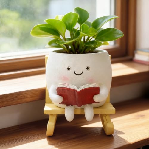 Smiley Face Planter Pot, Cute Resin Head Planter with Drainage Hole, Unique Rocking Chair Succulent Pot for Indoor Outdoor Plants, Funny Plant Lovers Gift for Mother's Day and Christmas (Upright) - size: 6.50×5.91×5.12"