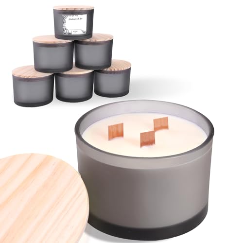6 Pack Glass Candle Jars with Lids (16oz, Frosted Grey) - Large Candle Jars for 3 Wick Candles Making - Empty Candle Jars Containers - Candle Making Accessories Include 16Pcs Candle Labels - color: Frosted Grey
