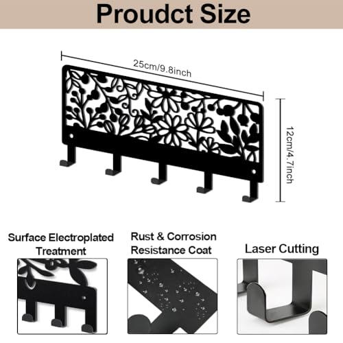 MAYJOYDIY Flowers Leaves Metal Key Hook Plant Theme Coat Hook Wall Mounted 9.8×4.7inch Simple Plants Black Art Key Holder with 5 Hooks for Gift Kitchen Bathroom Clothes Storage - style: Flowers Leaves