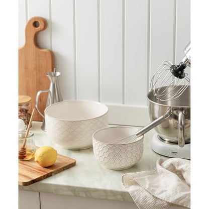 Mikiegy Ceramic Mixing Bowls Set of 2, Nesting Ceramic Embossment Stoneware Mixing Bowls for Cooking, Serving, Popcorn, Salad etc, Microwave & Dishwasher Safe, 44/98 oz, Off-White - size: 44&98 oz