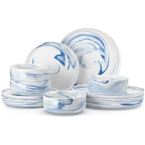 MALACASA 12 Pcs Porcelain Plates and Bowls Sets,Dinnerware Set for 4,Blue | Modern Ceramic Dishware Set,Kitchen Dining Ware,Microwave and Dishwasher Safe,Unique Marble Blue Design,Series LUNA - color: Marble Blue, size: 12 Pcs (Service for 4)