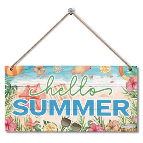 Hello Summer Wooden Hanging Sign, Farmhouse Summer Decor Sign, Coastal Beach Printed Wall Art Signs, Front Door Decor for Porch, Patio, Entryway, Beach House - color: Style 09