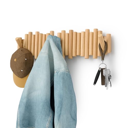 Umbra Picket Coat Rack with 8 Hooks – Natural Wall-Mounted Coat Rack with Flip-Down Wooden Hooks, Real Pine Wood Decorative Wall Storage for Jackets, Hats, Scarves, Bags, Entryway, Bedroom Living Room - color: Natural, size: 8-Hook