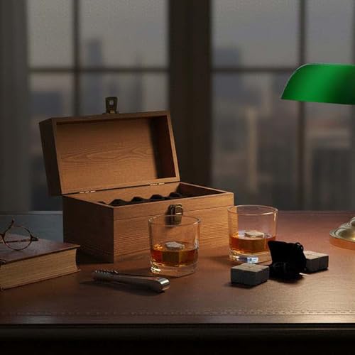 Whiskey Stones Gift Set with 10oz Lead-Free Crystal Whiskey Glass, Reusable Chilling Stones, Velvet Bag & Stainless Steel Tongs – Luxury Wooden Box Gift for Men