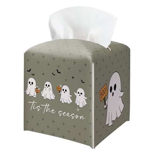 Halloween Tis The Season Tissue Box Holder, Cute Ghost Leather Tissue Box Cover Square, Cute Facial Paper Organizer Dispenser Toilet Paper Holder for Bathroom Kitchen Office Home Decor-A05 - color: Grey01