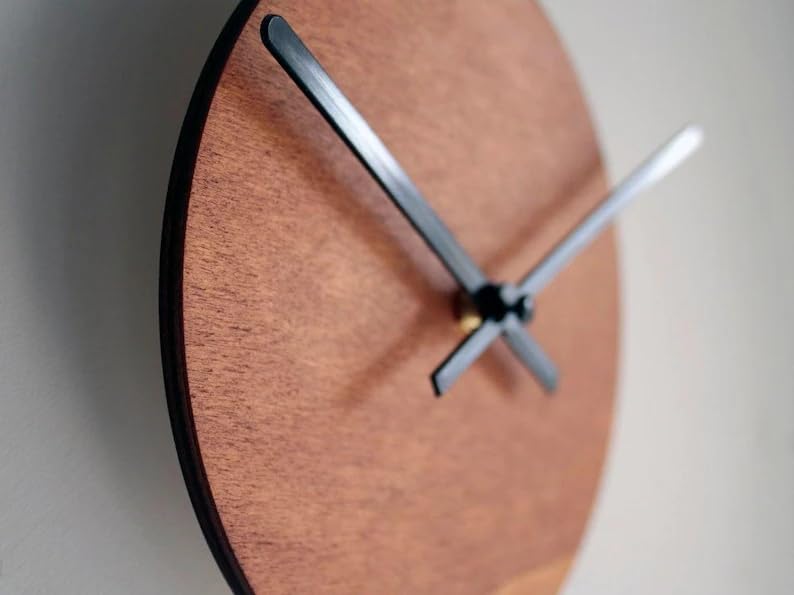 Modern Wood Wall Clock, Minimalist Round Silent Wall Clock, Natural Brown Wooden Clock with Black Hands for Living Room Bedroom Office Decor, 12 Inch
