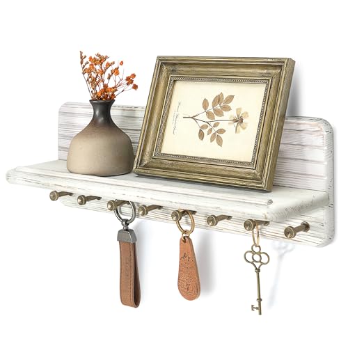Rebee Vision Key Holder Wall Mount with Shelf Room Decor, Distressed White | Pine Wood, Key Holder for Wall, Round Corner, Key Rack for Wallets, Mail Sorter, New House Decor Essentials, Home Storage - color: Distressed White