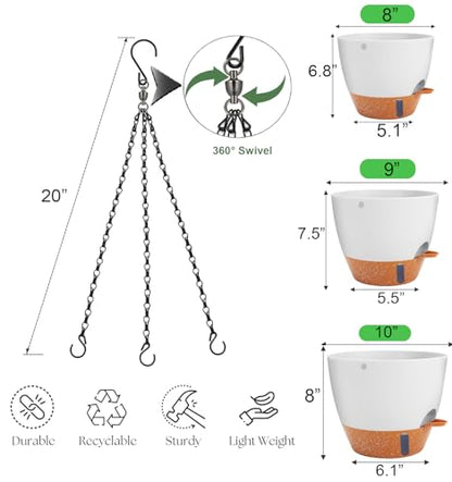 Heybe 3 Pack Self Watering Hanging Planters with Swivel Hanging Chains 20 Inches, 10/9/8 Inch Pots for Indoor Outdoor Plants, White - size: 3 Pack Pot with 20 inch Chains