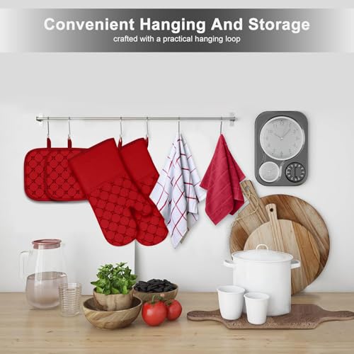 Oven Mitts Kitchen Towels Dishcloths with Pot Holders Sets 12PCS, Dish Towels Sets, Oven Gloves Pot Pads Heat Resistant 500 Degrees with Non-Slip Silicone Surface for Cooking Baking Grilling Red - color: Red
