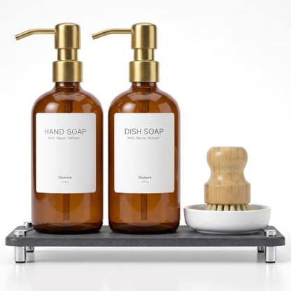 Kitchen Soap Dispenser Set, 2 Pack 16oz Amber Glass Dish Soap and Hand Soap Dispenser with Gold Stainless Steel Pumps, Quick Dry Tray, Dish Brush & Holder, Refillable Soap Dispenser for Kitchen Sink
