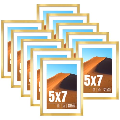 5 x 7 Picture Frame Gold Set of 10, Display 4x6 with Mat or 5 x 7 Without Mat Picture, Photo Frame Collage for Wall Gallery or Table Deco, Hanging or Tabletop Display - color: Gold, size: 5x7