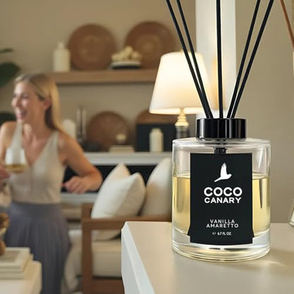 Coco Canary Reed Diffuser for Home, Warm Vanilla Amaretto, 6.7 oz | Vanilla reed diffuser; Long-lasting scent; Cozy home scent, Flameless luxury decor