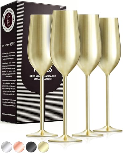Gusto Nostro Stainless Steel Gold Champagne Flutes Set of 4 - Unique, Unbreakable, Colorful Metal Champagne Glasses - Modern Toasting Flutes - Luxury Wedding Gifts for Couple - Wedding Registry Idea - color: Gold, size: Set of 4