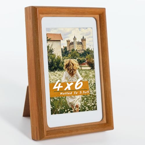 Handmade Solid Teak Wood 4x6 Picture Frame with Real Glass, Photo Frame with Mat Fits 3.5x5 Photo, Tabletop & Wall Mount Display for Home Decor & Festival Gift - color: Teak, size: 4×6