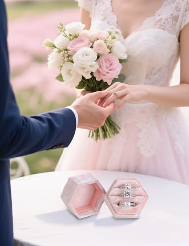 MFXIP Velvet 3 Slots Jewelry Ring Box Engagement Wedding Box Keepsake Box Bridal Photo Ring Triple Slots Hexagon - color: Light Pink