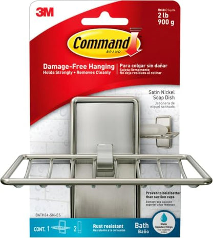 Command Soap Dish for Shower,Damage Free Hanging Bathroom Soap Dish,No Tools Bar-Soap Holder,1 Satin Nickel-Soap-Dish and 2 Water-Resistant Command Strips,(Pack of 8) - size: 8 Pack