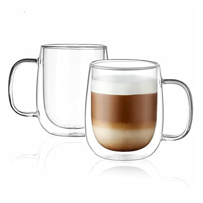 CNGLASS Glass Coffee Mugs 12oz,Double Wall Insulated Mug Set with Handle,Clear Glass Espresso Mugs for Latte,Cappuccino,Tea Bag,Hot and Cold Beverages,Set of 2 - color: 12oz(2-pack)
