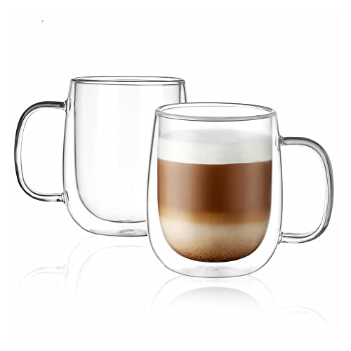 CNGLASS Glass Coffee Mugs 12oz,Double Wall Insulated Mug Set with Handle,Clear Glass Espresso Mugs for Latte,Cappuccino,Tea Bag,Hot and Cold Beverages,Set of 2 - color: 12oz(2-pack)