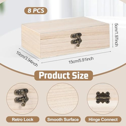 8 Pack Unfinished Wooden Box 6" x 4" x 2" DIY Storage Jewelry Boxes Small Keepsake Box for Crafts