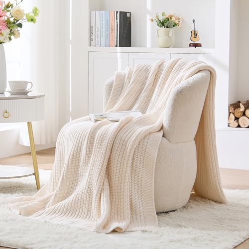 Cream White Chunky Knit Throw Blanket 50"x60" for Couch | Soft Cozy Lightweight Ribbed Fisherman-Knit Blanket,All-Season Warmth Cute Decorative Throw for Sofa Bed Living Room - color: Cream White, size: 50"x 60"