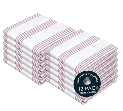 Burgundy Striped Kitchen Dish Towels (12-Pack), Quick Dry, Ultra Absorbent & Durable, 100% Cotton Multi Pin Stripe Towels for Drying Dishes, Wiping, and Daily Kitchen Cleanup - color: Burgundy Wine / Maroon, style: 12 Pack