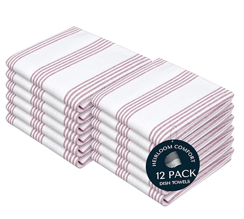 Burgundy Striped Kitchen Dish Towels (12-Pack), Quick Dry, Ultra Absorbent & Durable, 100% Cotton Multi Pin Stripe Towels for Drying Dishes, Wiping, and Daily Kitchen Cleanup - color: Burgundy Wine / Maroon, style: 12 Pack