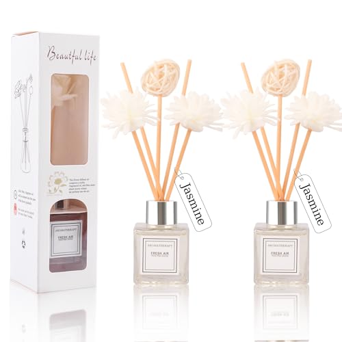 Reed Diffuser Set of 2, Jasmine Scent Oil Diffuser with Sticks for Home Fragrance, Office Living Bedroom Decor, Bathroom Decor and Accessories, Air Fresheners Gift Set, 1.7 fl oz/50ml x 2