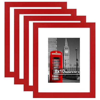 Hongkee 8x10 Picture Frame (4 Pack, Red) Made of Real Glass and Wooden Frame - Display Pictures 5x7 with Mat or 8x10 Without Mat, 8 by 10 Photo Frames TableTop Display and Wall Mounting - color: Red, size: 8x10 in