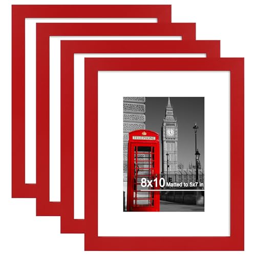 Hongkee 8x10 Picture Frame (4 Pack, Red) Made of Real Glass and Wooden Frame - Display Pictures 5x7 with Mat or 8x10 Without Mat, 8 by 10 Photo Frames TableTop Display and Wall Mounting - color: Red, size: 8x10 in