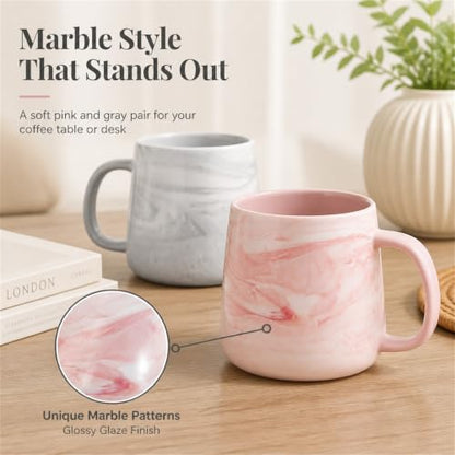 Ceramic Coffee Mug Set of 2, Gray and Pink Marble Pattern Procelain Couple Mugs, Stoneware Matching Cups, Dishwasher Safe, Microwave Safe, 13 oz - color: 12 oz-Pink&Gray
