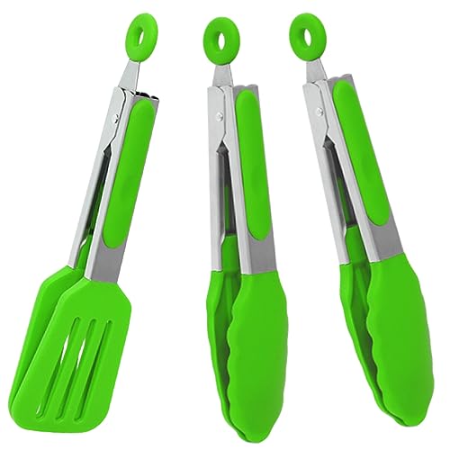 7 Inch Small Serving Tongs with Silicone Tips 3 Pack(Green) | Stainless Steel Handle, Non-Scratch, Heat Resistant - color: Green, size: 7inch
