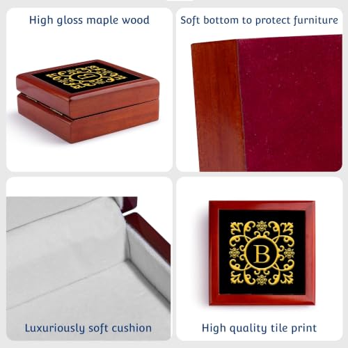 3dRose Floral decorative monogram. Gold on black. Decorative letter B Jewelry Box 7 x 7 inch with 4 inch tile