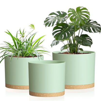 10/9/8 Inch Plant Pots 3 Pack, with Drainage Hole & Saucers | Cylindrical plastic planters with drainage holes & saucers. Modern matte finish, lightweight & durable for indoor/outdoor use - color: Matte Green&brown