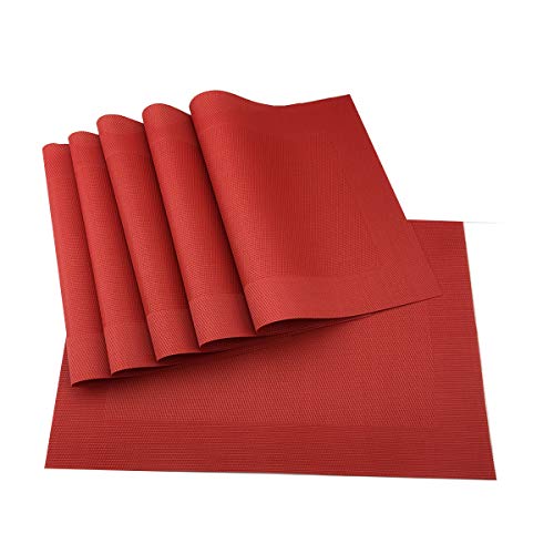 Vinyl Red Placemats Heat Resistant Dining Table Mats Non-Slip Washable Place Mats Set of 6 （Red） - color: Red