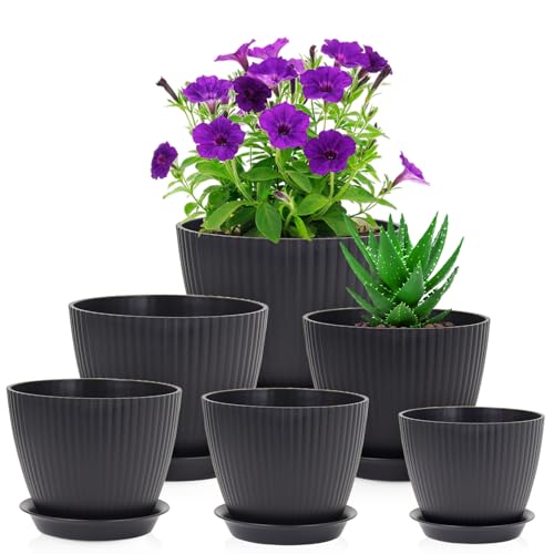 Meowell 7/6.2/5.5/5/4.5/4 inch Flower Pots, 6 Pack Plant Pots for Small Indoor Outdoor Plants, Plastic Planters with Drainage Holes and Saucers for Garden Succulent House Plants, Black - color: Black-6 Pack